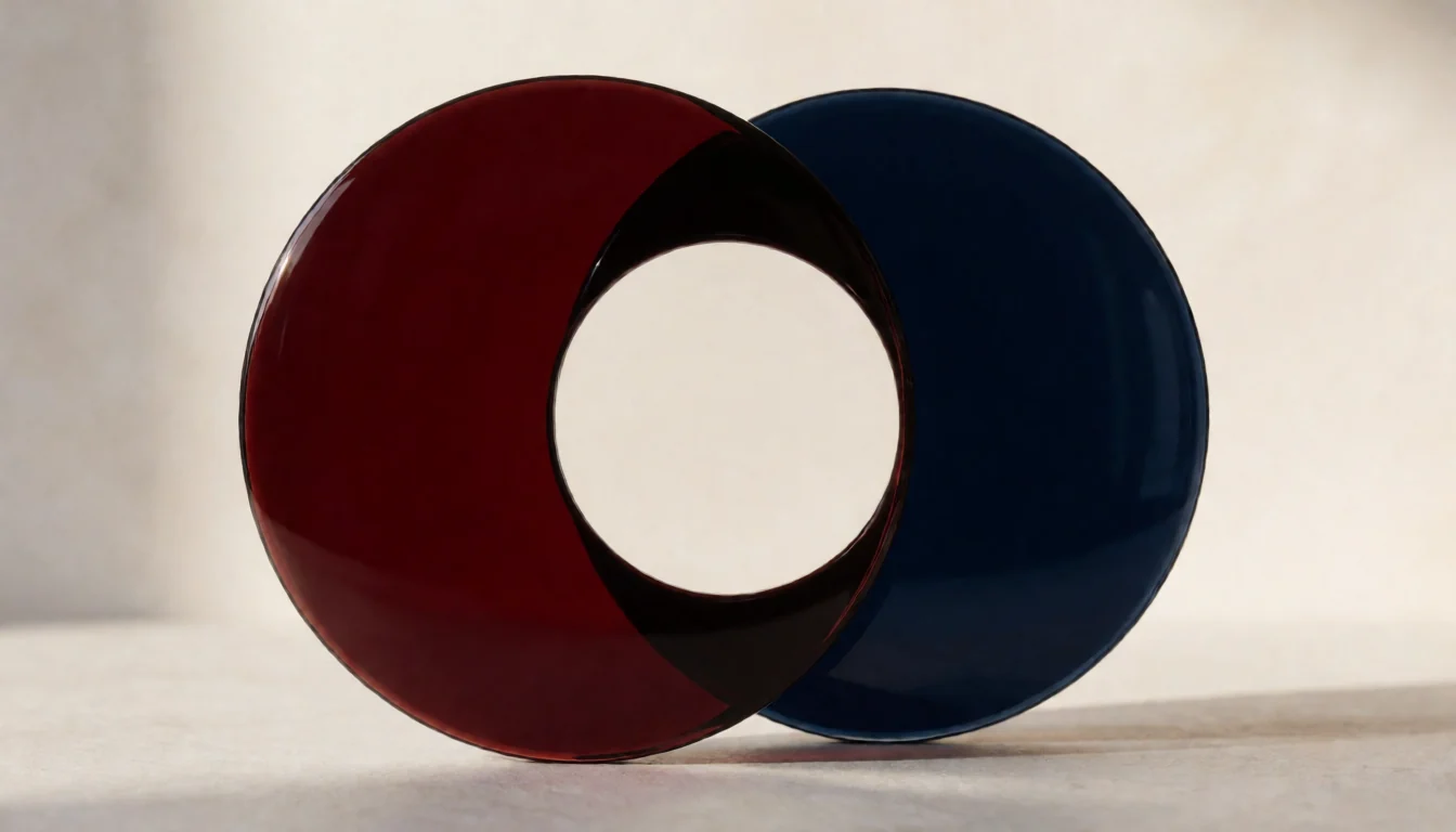 Two overlapping burgundy and navy lenses bring a shared central perspective into focus; conceptual artwork, not client work.