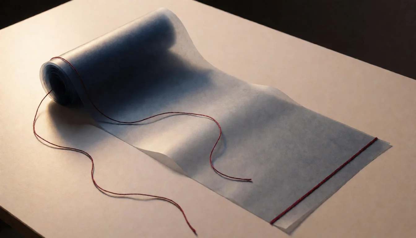 Loose burgundy threads and a neatly bound edge on an unrolling navy drafting sheet; conceptual process and refinement artwork.