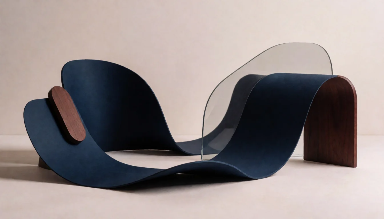 Conceptual navy and burgundy sculptural paths connecting abstract brand touchpoints; not a real client project or performance chart.