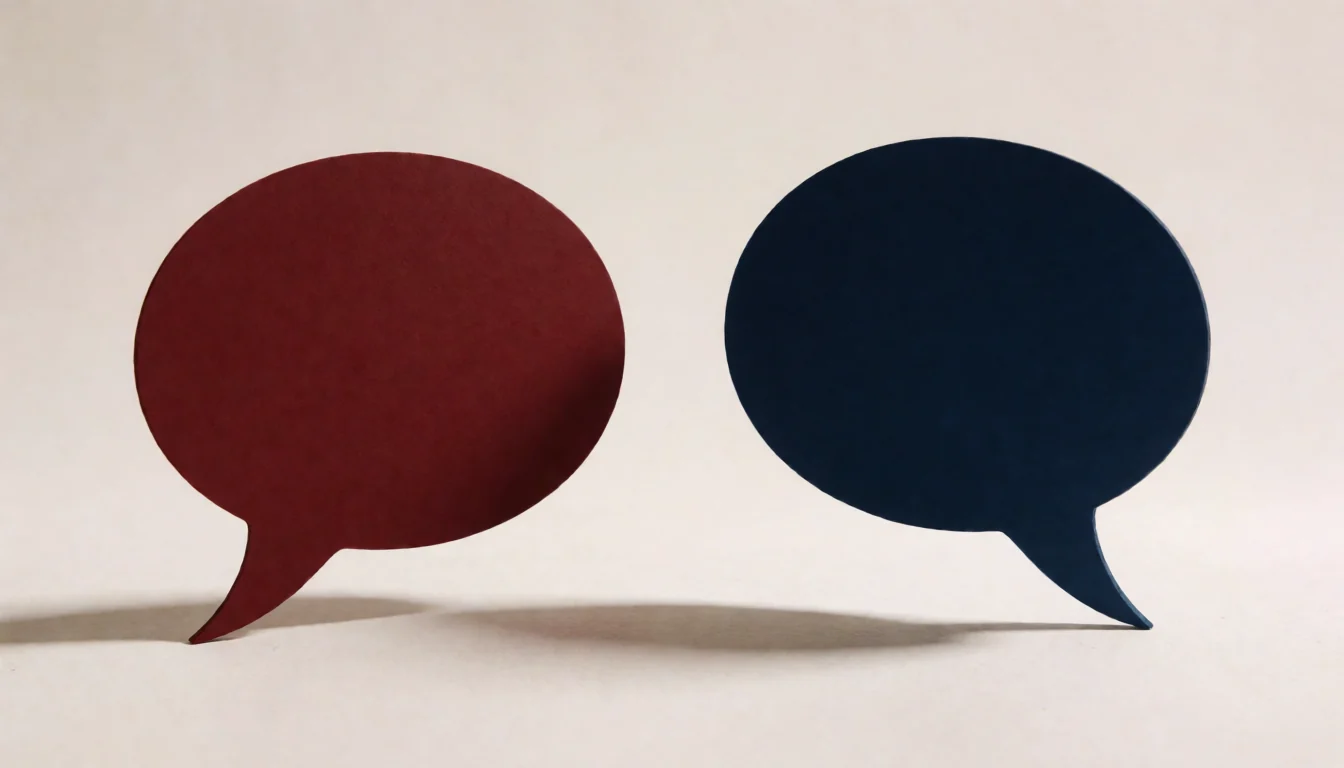Two tactile burgundy and navy conversation forms face one another across an open space; conceptual invitation to talk.