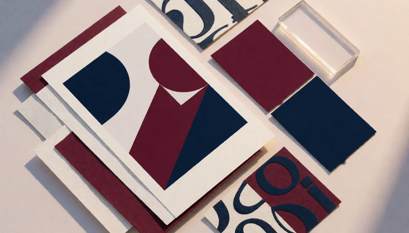 Original conceptual campaign-design flatlay in ANIO burgundy and navy; unbranded print, mobile composition and colour swatches, not client work.