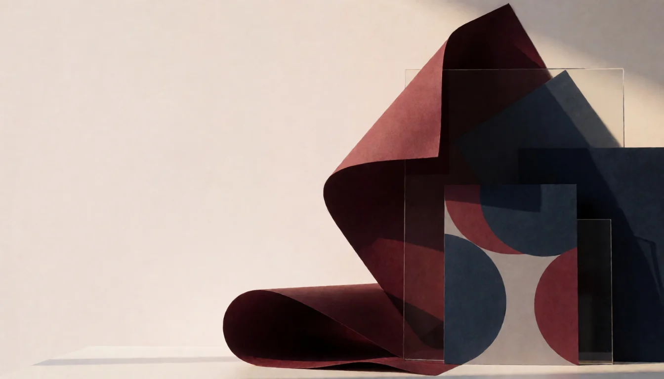 Conceptual design-studio artwork with burgundy and navy paper sculptures, printed layouts and translucent acrylic; not an ANIO office or client project.