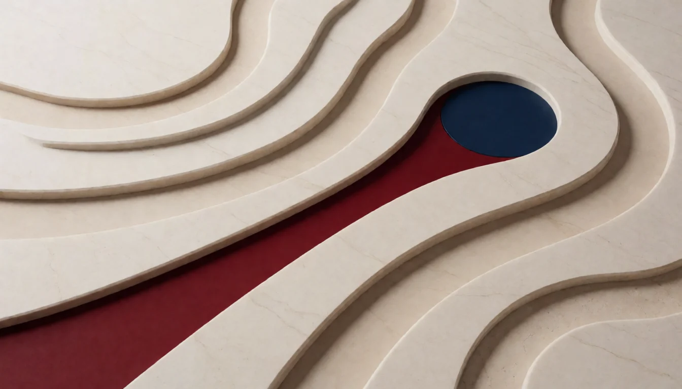 A burgundy route through pale carved terrain reaches a navy destination; conceptual business-priority artwork.
